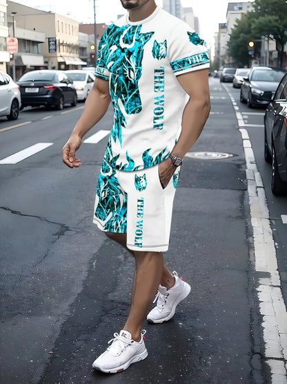 Men's Shirt and Shorts Set - Wolf Print Summer Style