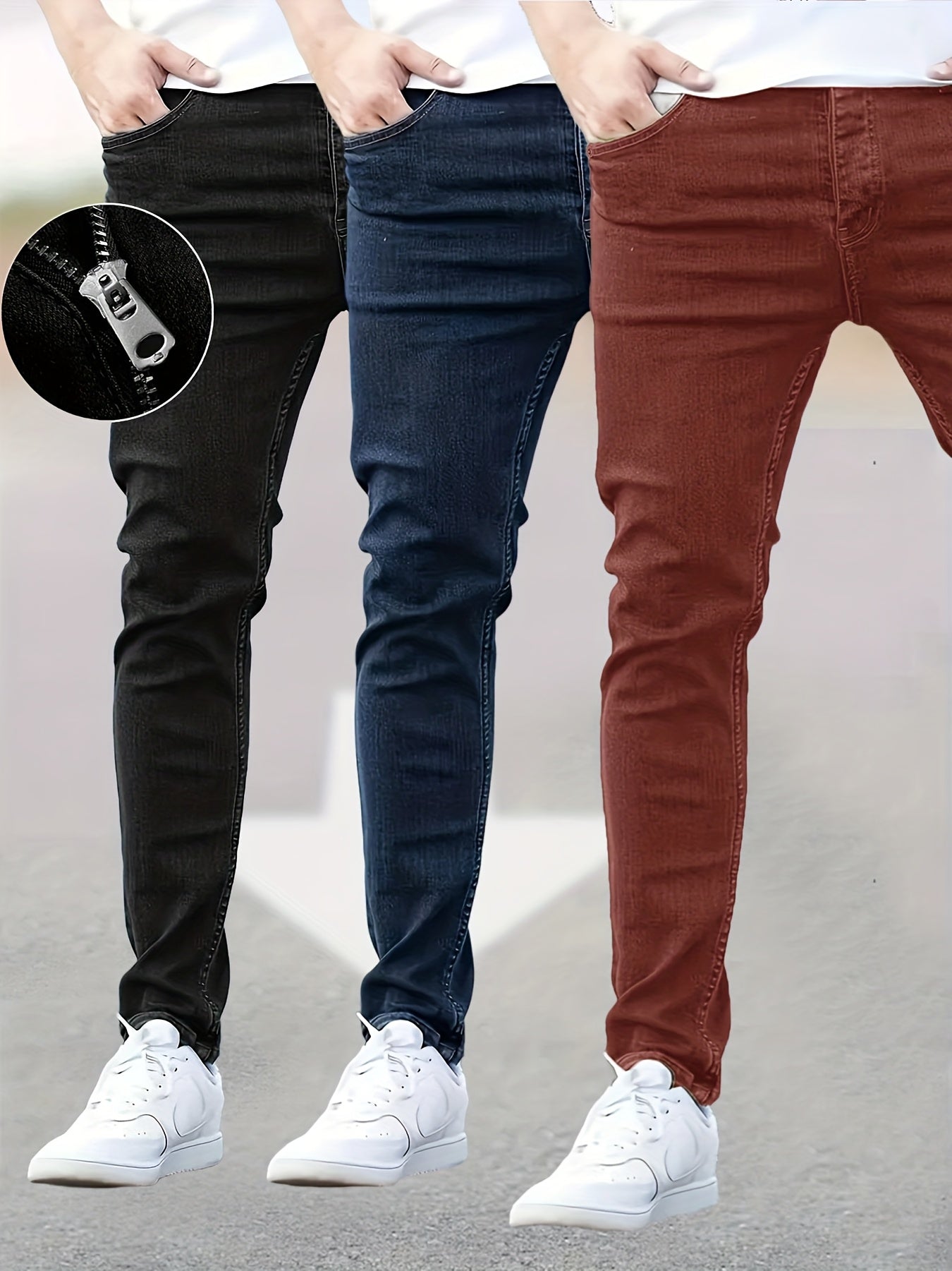 Men's Black+navy Blue+military Green Denim Slim-Fit Jeans - product view 16