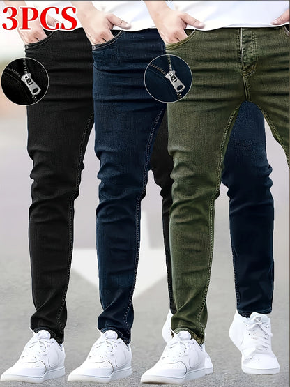 Men's Black+navy Blue+military Green Denim Slim-Fit Jeans - product view 7