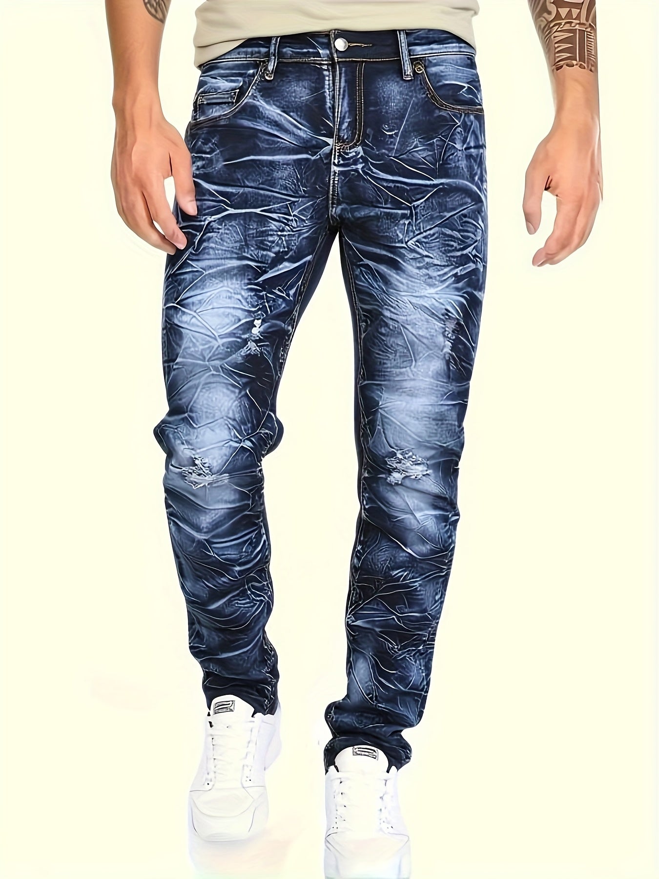 Men's Navy Color Floral Slim-Fit Jeans - product view 6