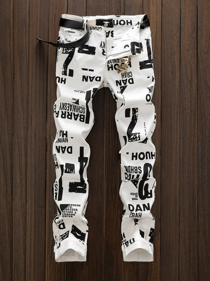 Men's White Denim Printed Slim-Fit Jeans - product view 3