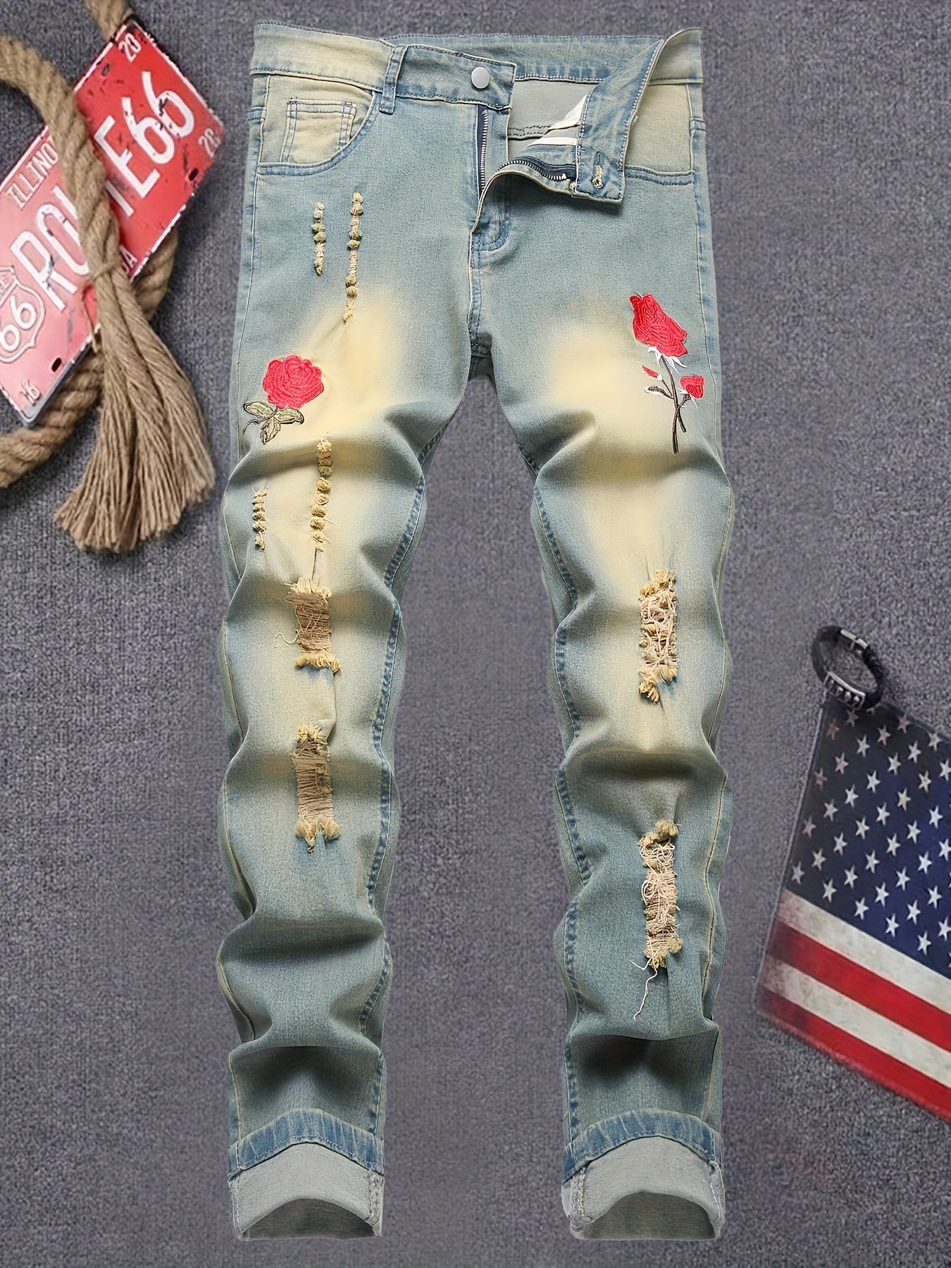 Men's Bright Yellow Denim Floral Graphic Jeans - product view 8