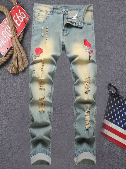 Men's Bright Yellow Denim Floral Graphic Jeans - product view 8