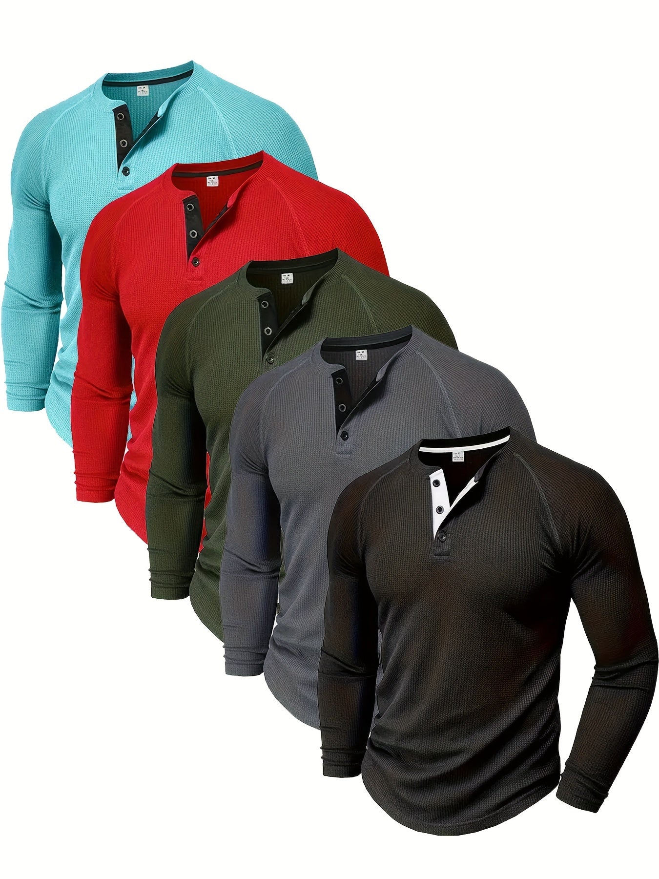 5 Casual Solid Color Henry Shirts for Men Featuring Round Neck And Half Button - product view 13