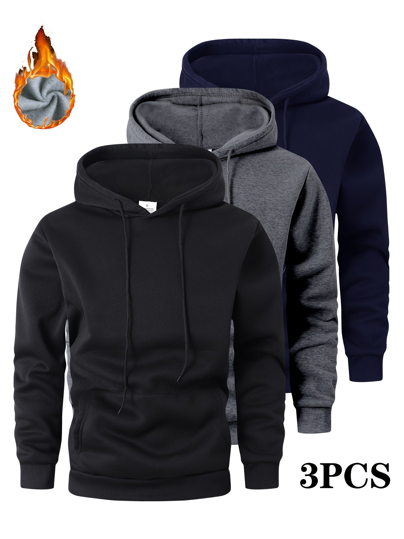 3pcs Men's Thick Hooded Sweatshirts in Solid Color Casual Sporty Pullover Hoodies - product view 17