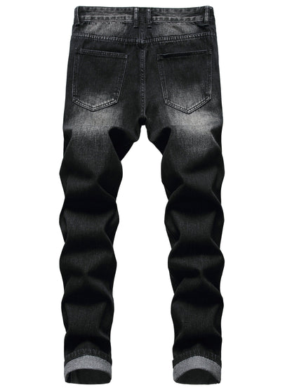 Men's Straight Leg Jeans - Black Denim Distressed