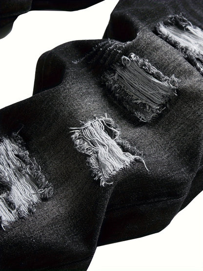 Men's Straight Leg Jeans - Black Denim Distressed