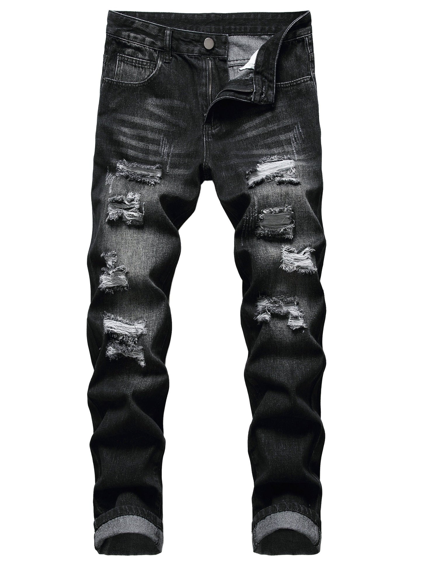 Men's Straight Leg Jeans - Black Denim Distressed