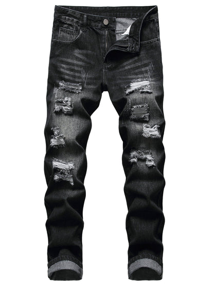 Men's Straight Leg Jeans - Black Denim Distressed