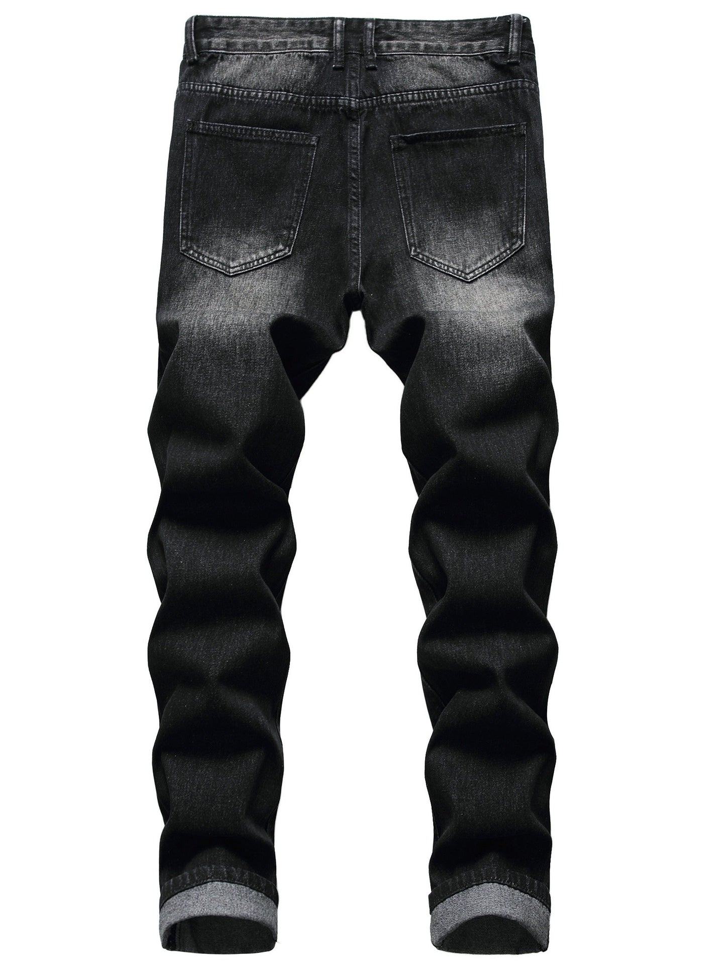 Men's Straight Leg Jeans - Black Denim Distressed