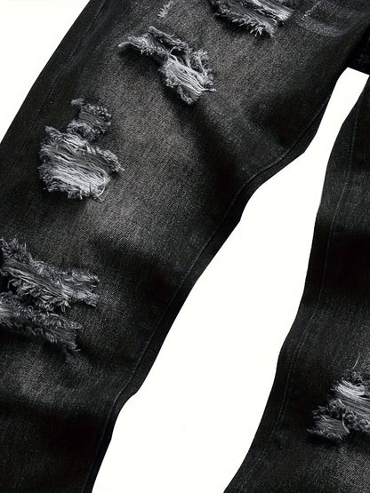 Men's Straight Leg Jeans - Black Denim Distressed