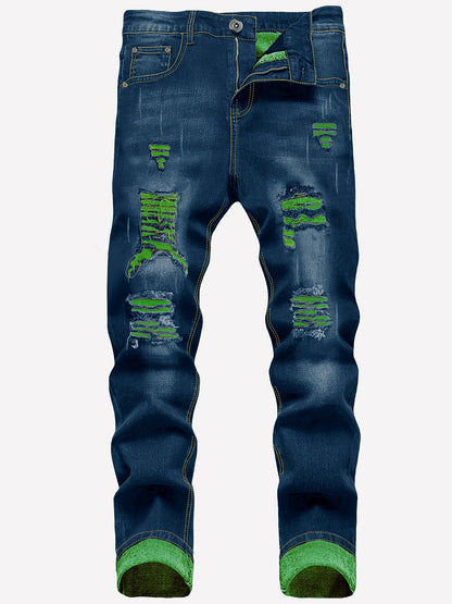 Men's Straight Leg Jeans - Classic Wash Distressed Travel