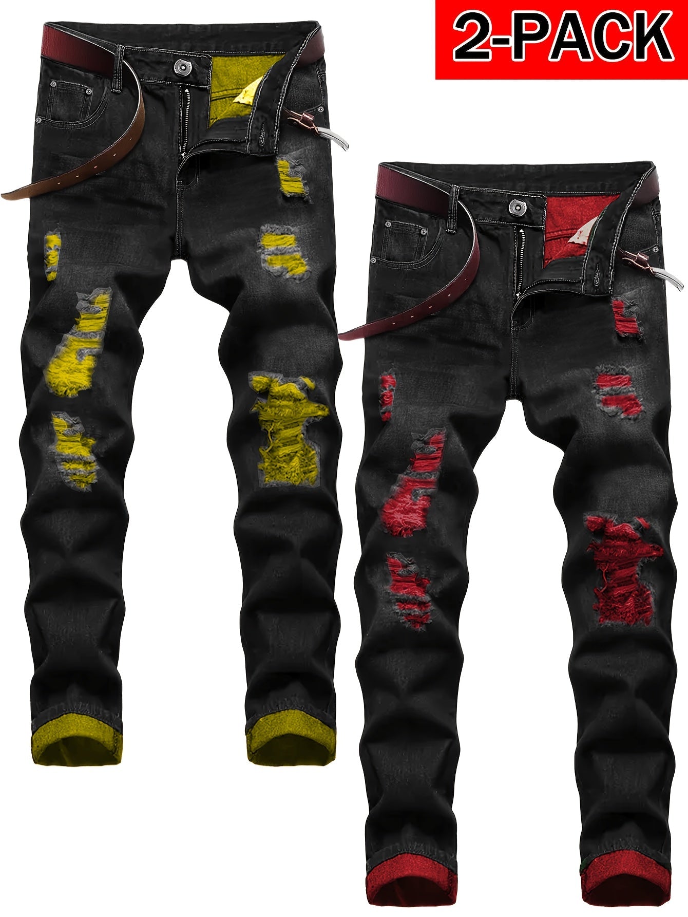 Men's Straight Leg Jeans - Classic Wash Distressed Travel