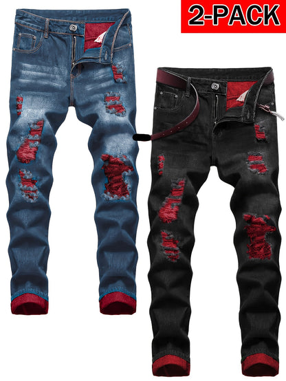 Men's Straight Leg Jeans - Classic Wash Distressed Travel