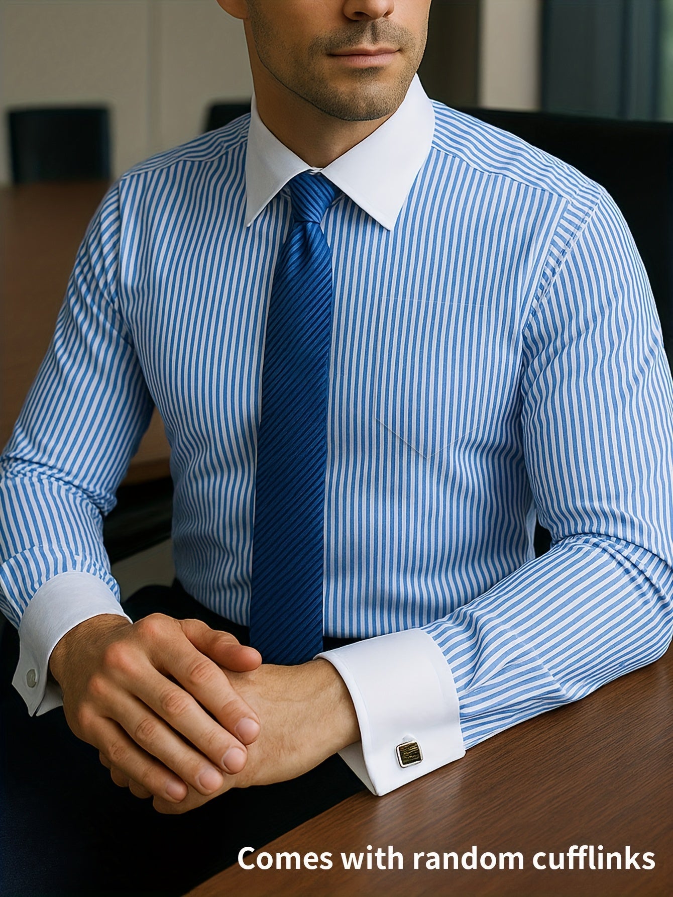 Men's Sky Blue Striped Long-Sleeve Dress - product view 11