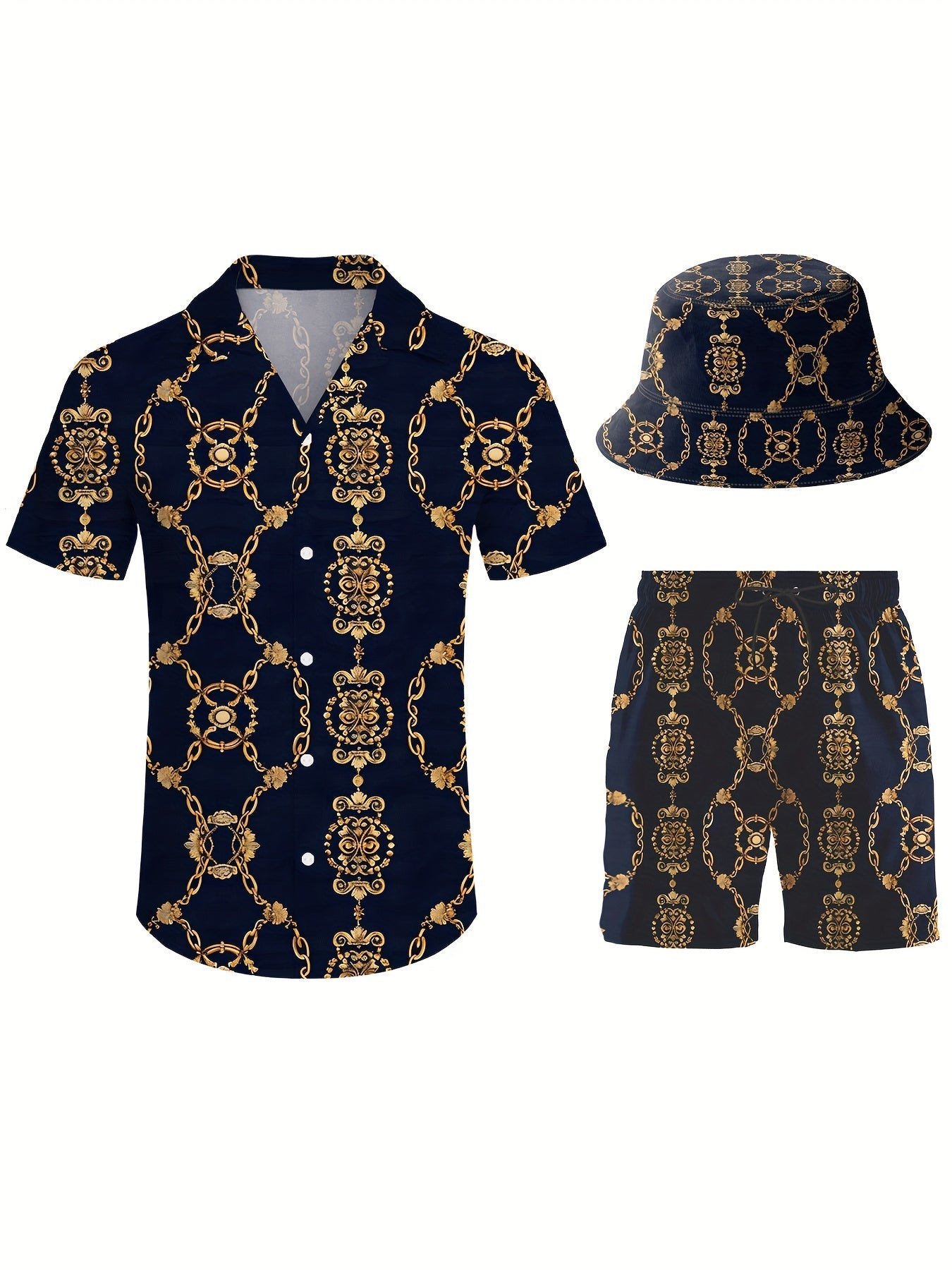 Men's Golden chain decoration Polyester V-Neck Short-Sleeve Shorts - product view 4
