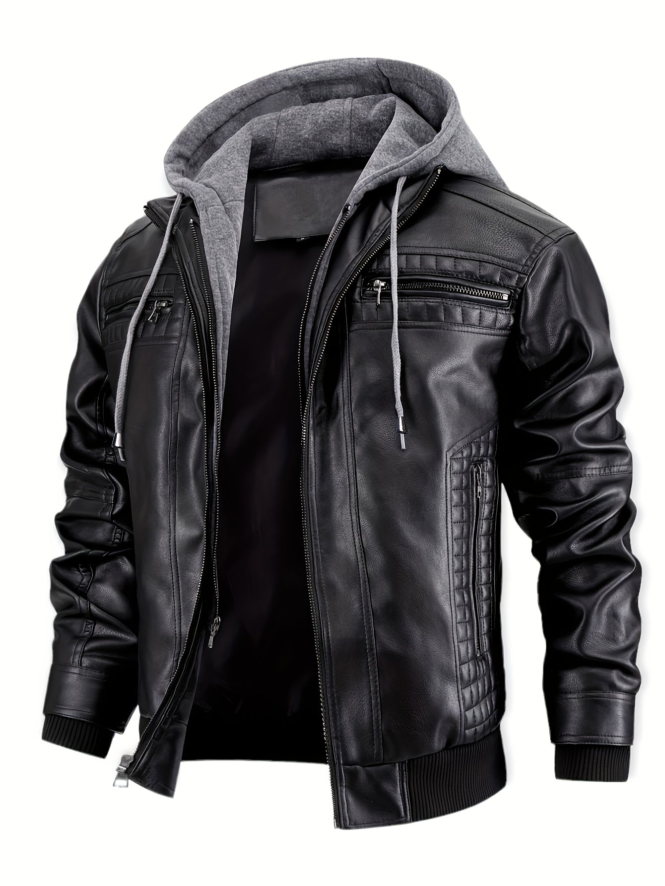 Men's Black Leather Zip-Up Long-Sleeve Jacket - product view 3