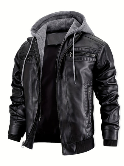 Men's Black Leather Zip-Up Long-Sleeve Jacket - product view 3