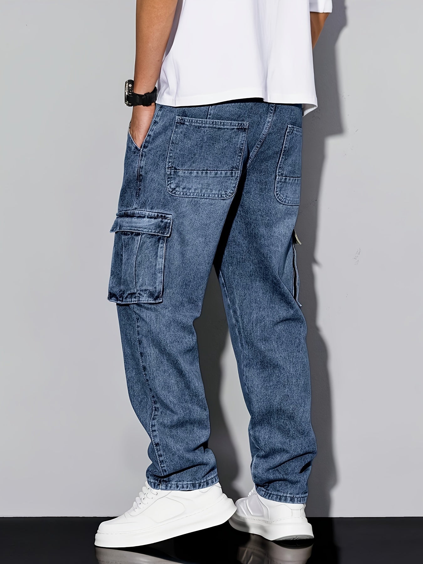 Men's Workwear Straight Leg Jeans - Loose Multi-Pocket Washed Denim