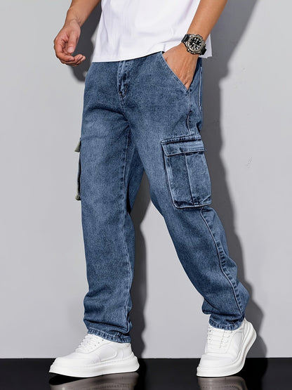 Men's Workwear Straight Leg Jeans - Loose Multi-Pocket Washed Denim