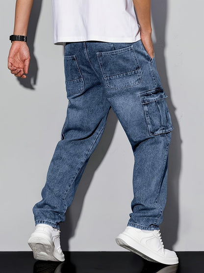 Men's Workwear Straight Leg Jeans - Loose Multi-Pocket Washed Denim