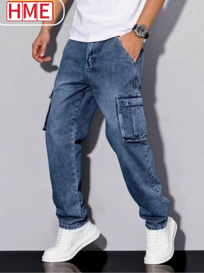 Men's Workwear Straight Leg Jeans - Loose Multi-Pocket Washed Denim
