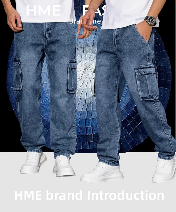 Men's Workwear Straight Leg Jeans - Loose Multi-Pocket Washed Denim