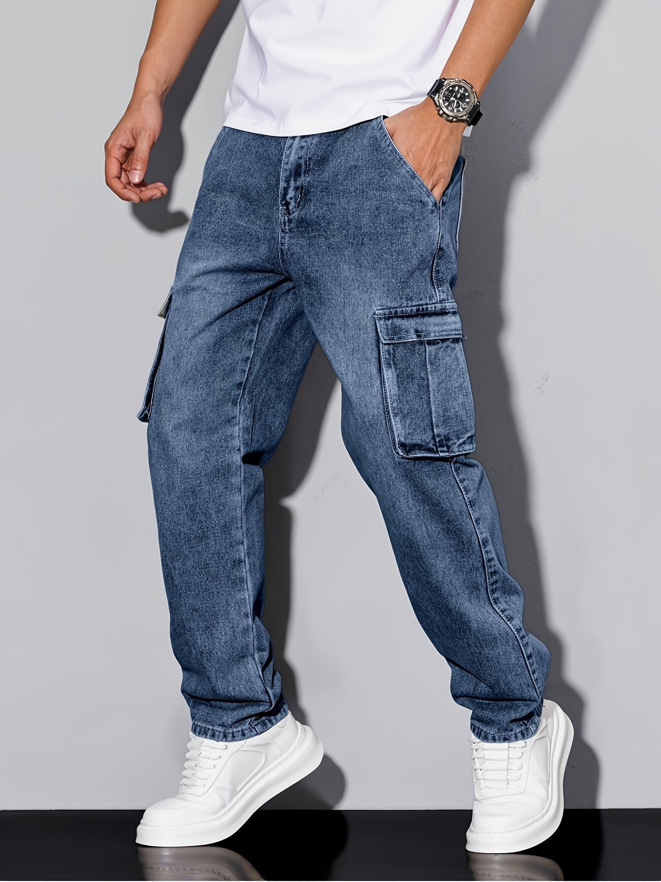 Men's Workwear Straight Leg Jeans - Loose Multi-Pocket Washed Denim
