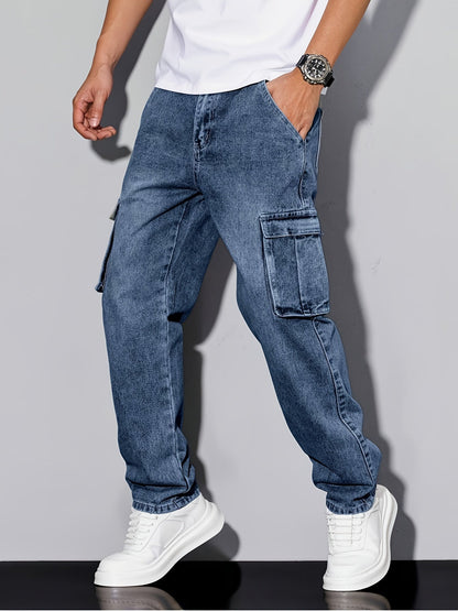 Men's Workwear Straight Leg Jeans - Loose Multi-Pocket Washed Denim