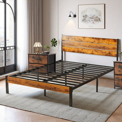 Bed Frame, Metal with Headboard - No Box Spring Needed, Wood Slats, 800 lbs Capacity shown in the main product view