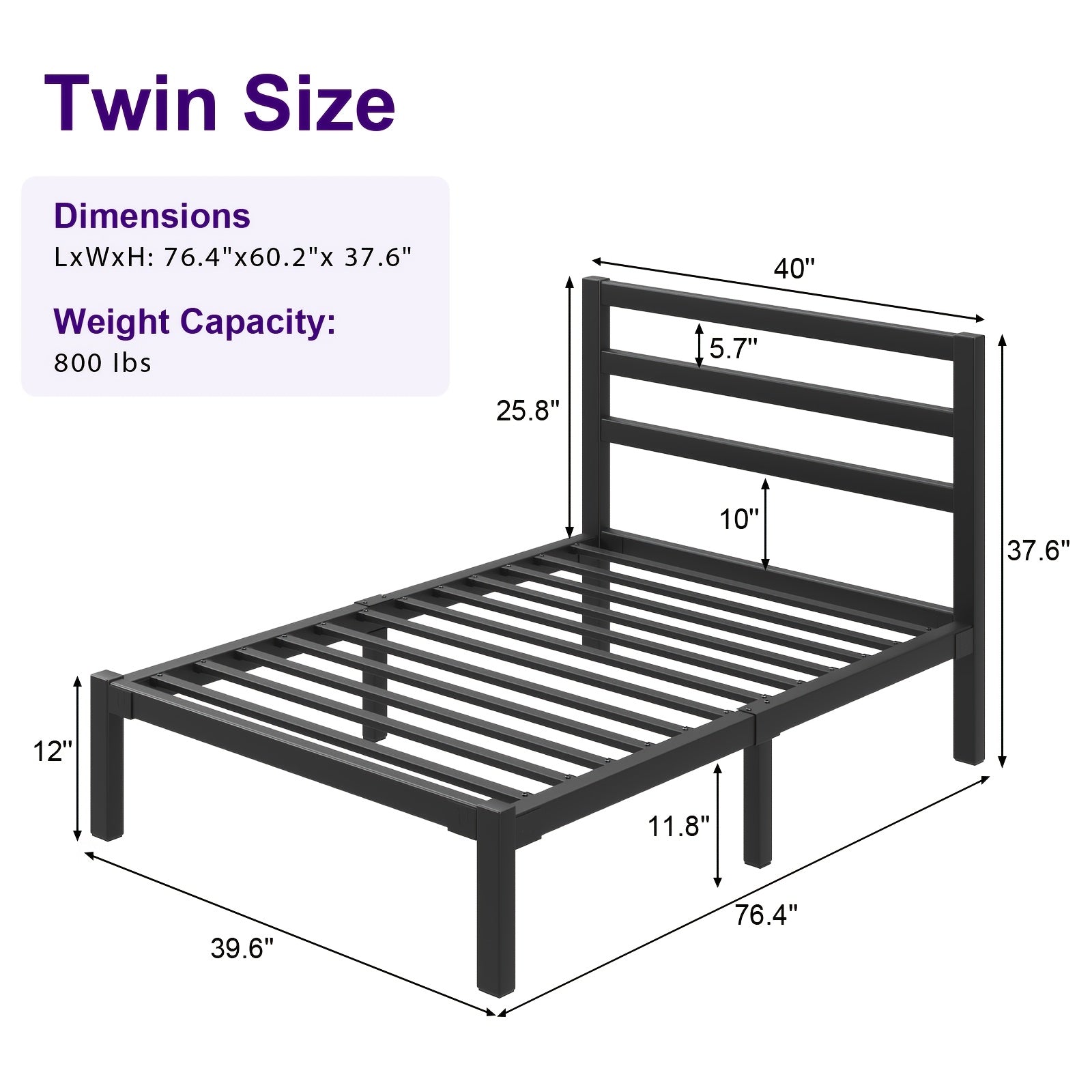 Bed Frame shown in the Black, Twin option