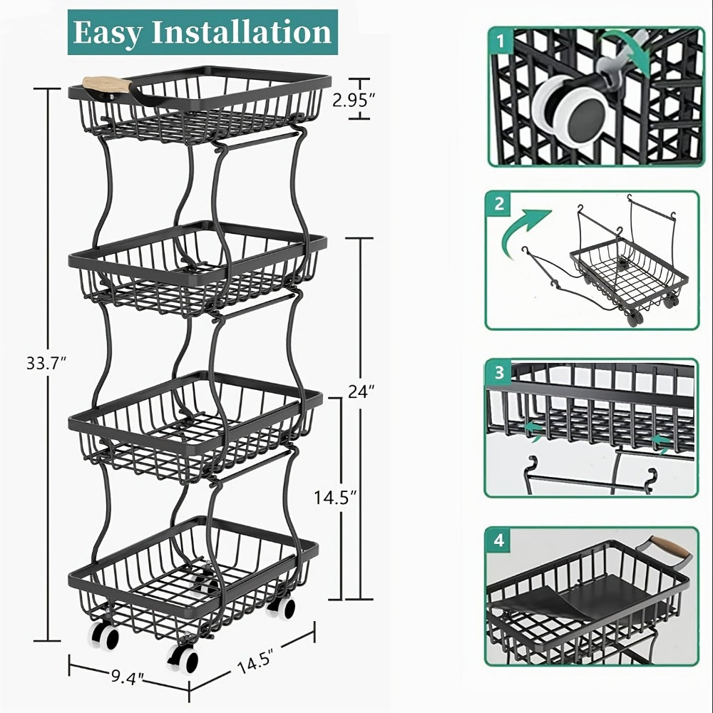 Multi-Tier Metal Storage Cart with Stackable Design and Rolling Wheels detail image - detail view 3
