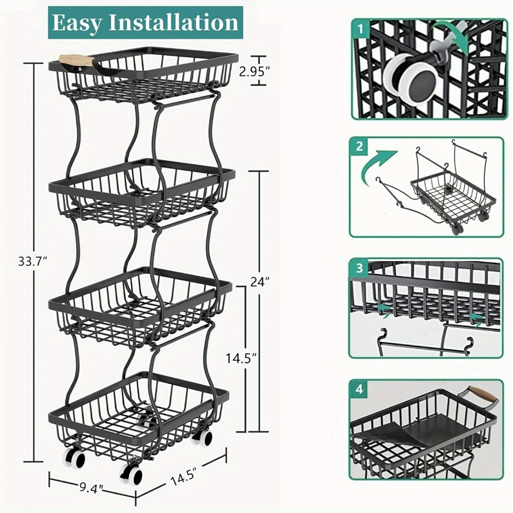 Multi-Tier Metal Storage Cart with Stackable Design and Rolling Wheels detail image - detail view 4