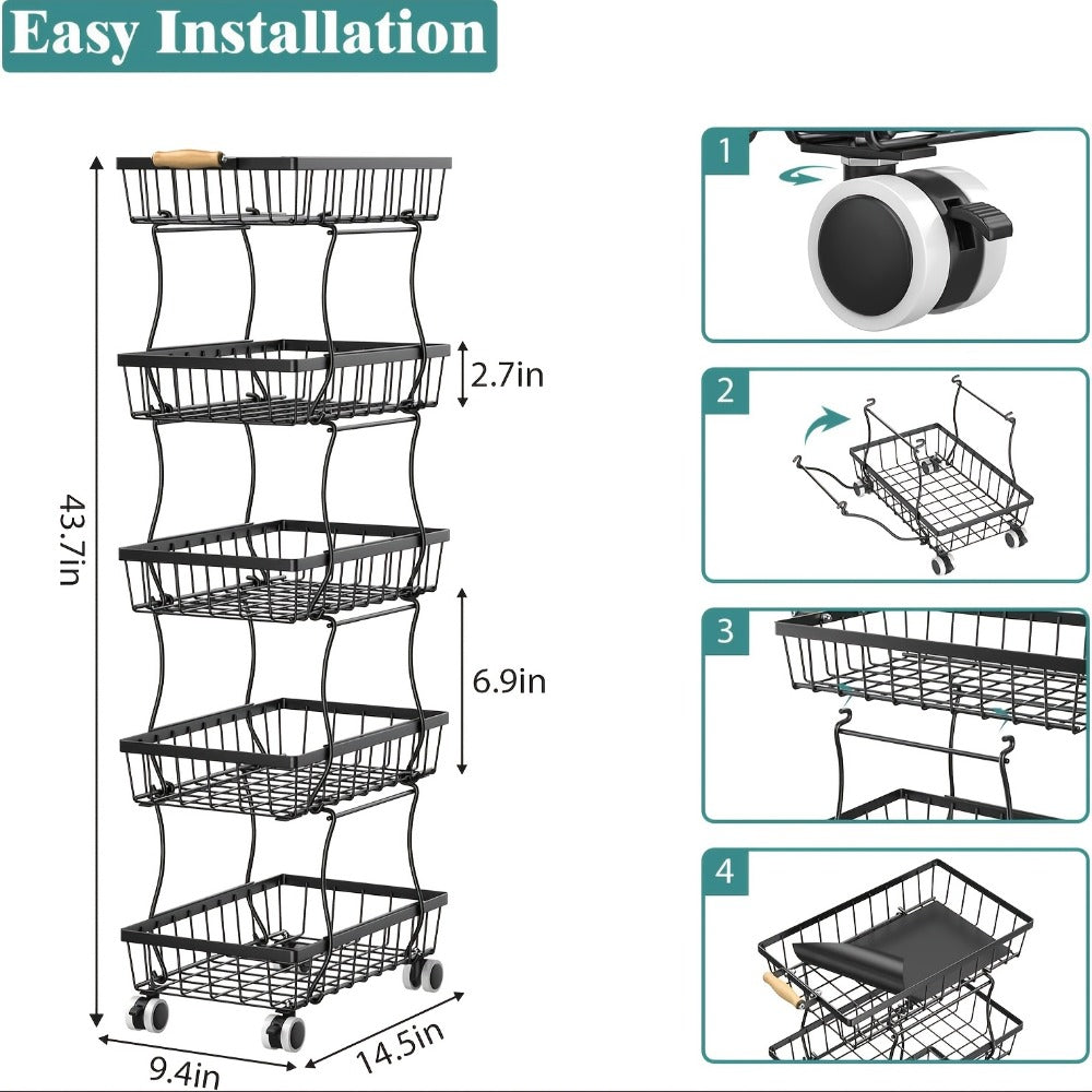 Multi-Tier Metal Storage Cart with Stackable Design and Rolling Wheels detail image - detail view 5