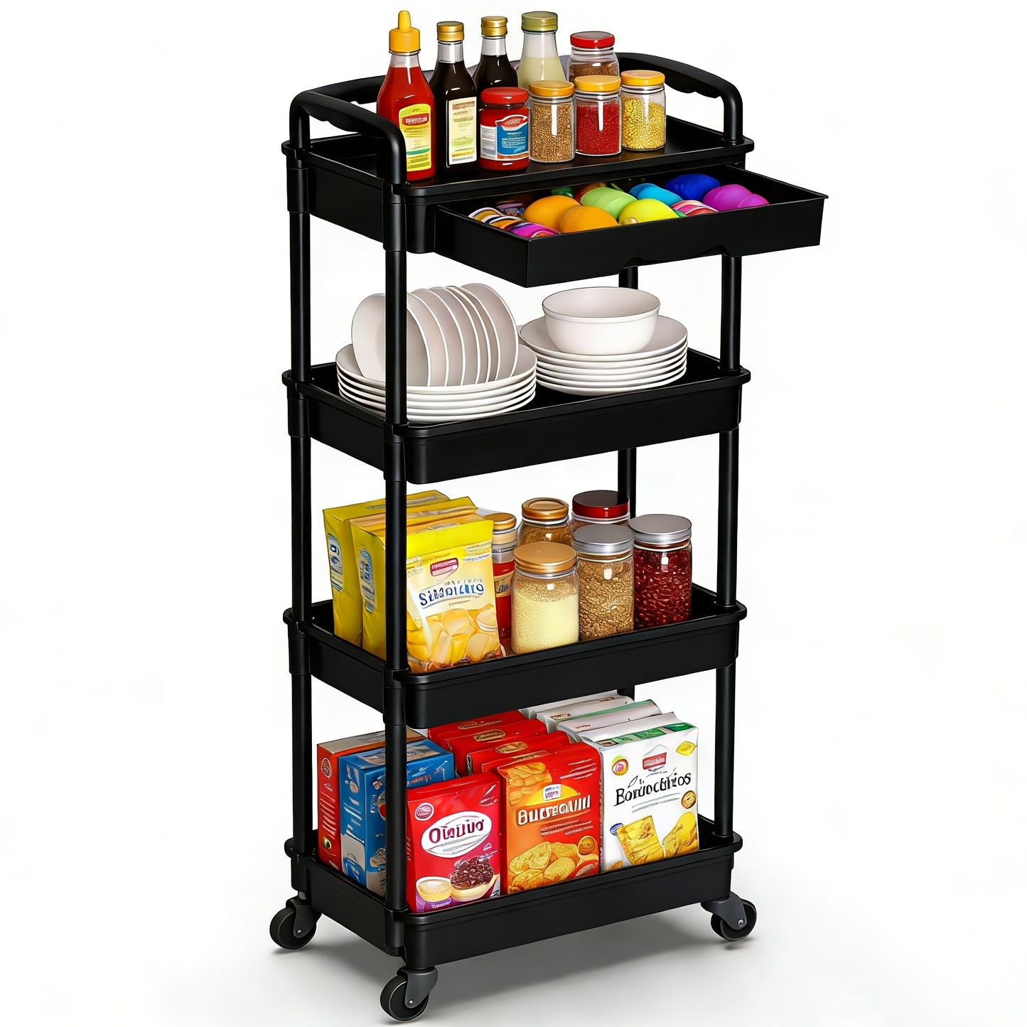 Rolling Storage Cart shown in the Black, 4-tier-(with drawer) option