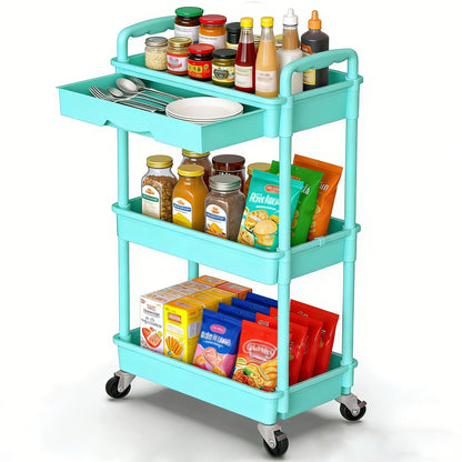 Rolling Storage Cart shown in the Blue, 3-Tier-(With Drawer) option