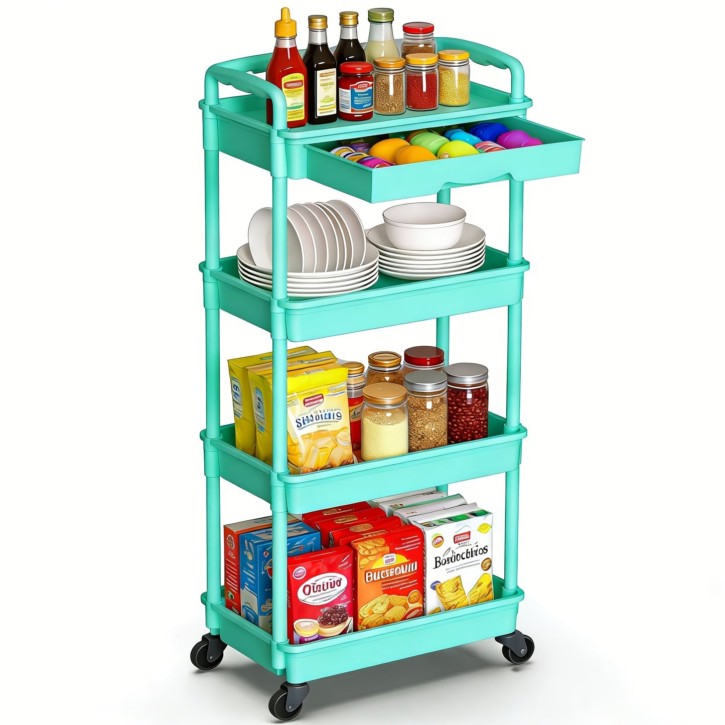 Rolling Storage Cart shown in the Blue, 4-tier-(with drawer) option