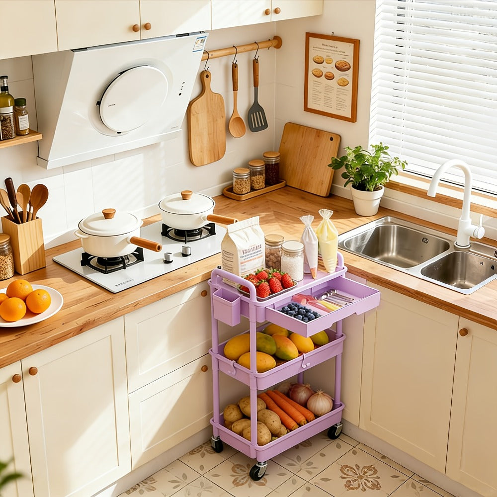 Rolling Storage Cart with Drawers 3 or 4 Tier Plastic Organizer Lockable Wheels Cup Holder shown in the main product view