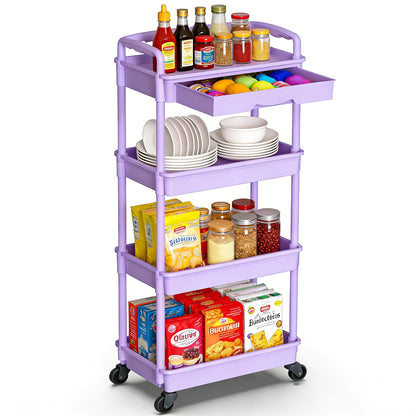 Rolling Storage Cart shown in the Purple, 4-tier-(with drawer) option