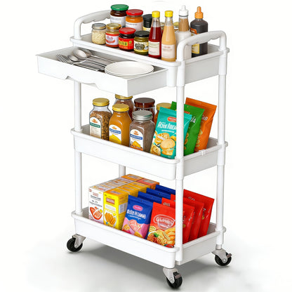 Rolling Storage Cart shown in the White, 3-Tier-(With Drawer) option