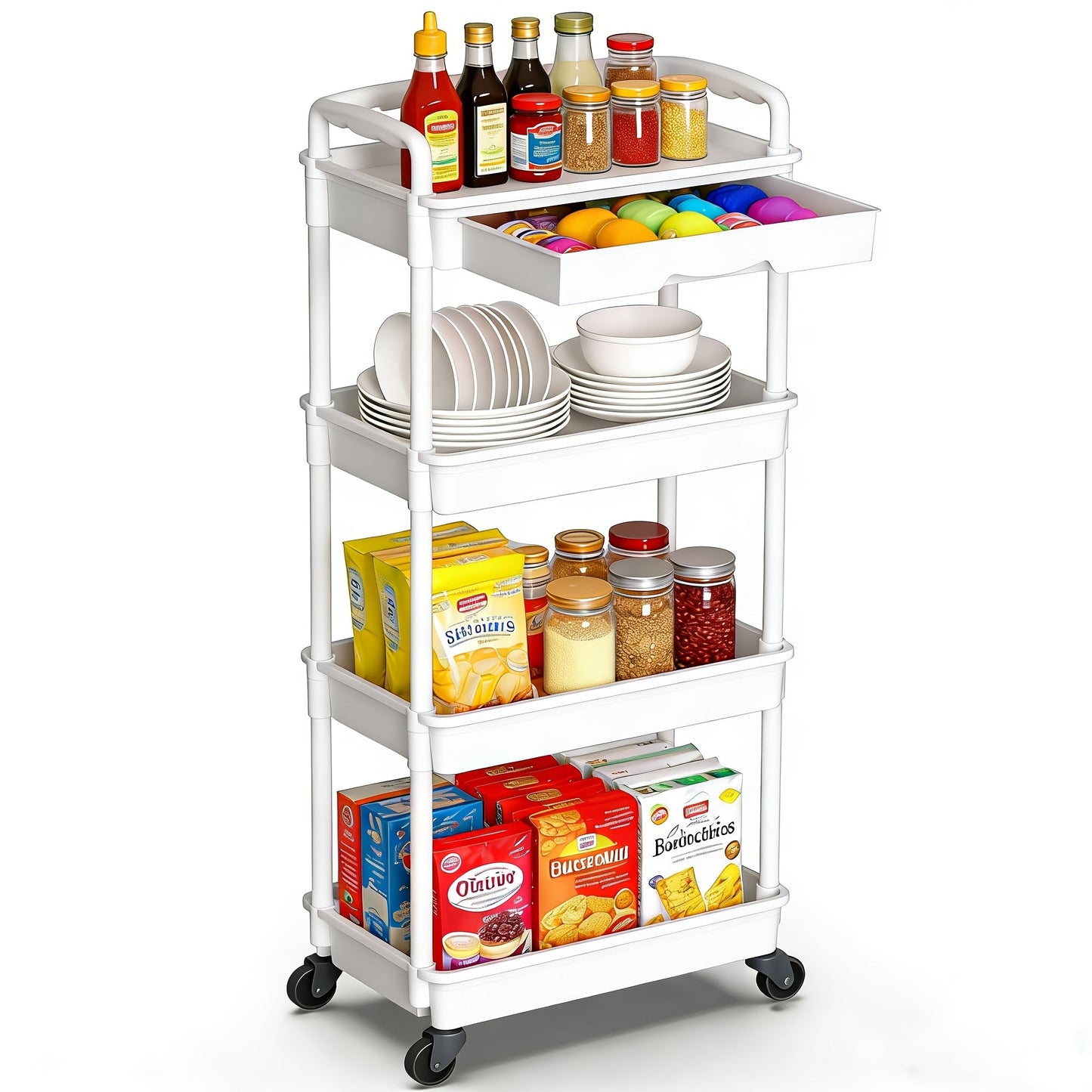 Rolling Storage Cart shown in the White, 4-tier-(with drawer) option