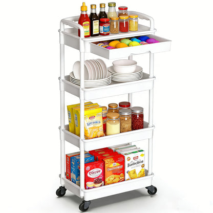 Rolling Storage Cart shown in the White, 4-tier-(with drawer) option