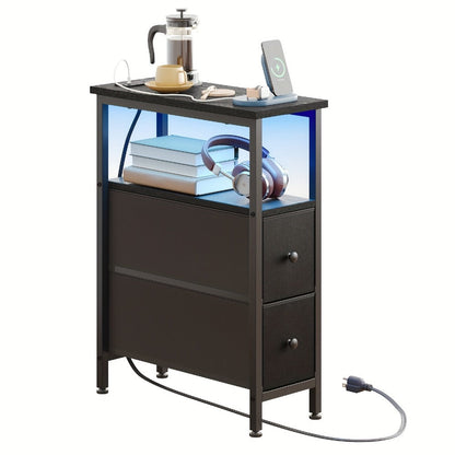 End Table, Slim with Charging Station and Fabric Drawers - Narrow Nightstand Side Table shown in the main product view