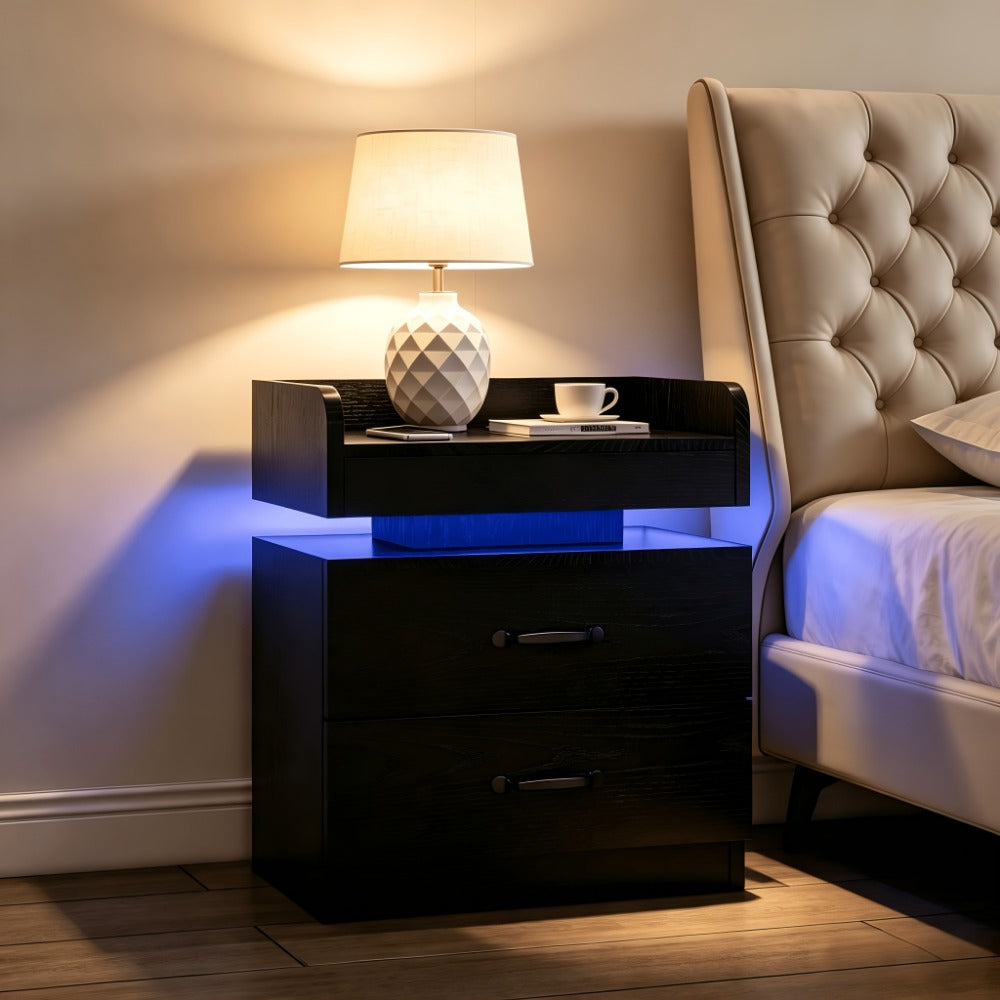 Nightstand with Charging Station LED Lights 2 Drawers Modern Black Bedside Table End Table shown in the main product view
