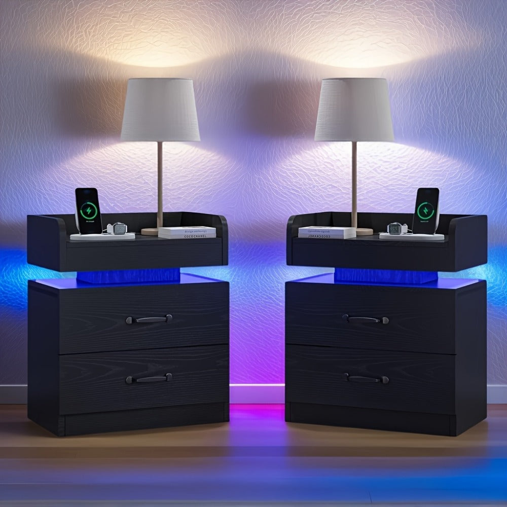 Nightstand with LED Lights & Charging Station - 2 Drawers Bedside Table, Modern End Table shown in the main product view