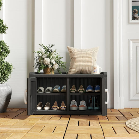 Outdoor Storage Bench with Double Doors & Adjustable Shelf, Entryway Storage Cabinet shown in the main product view
