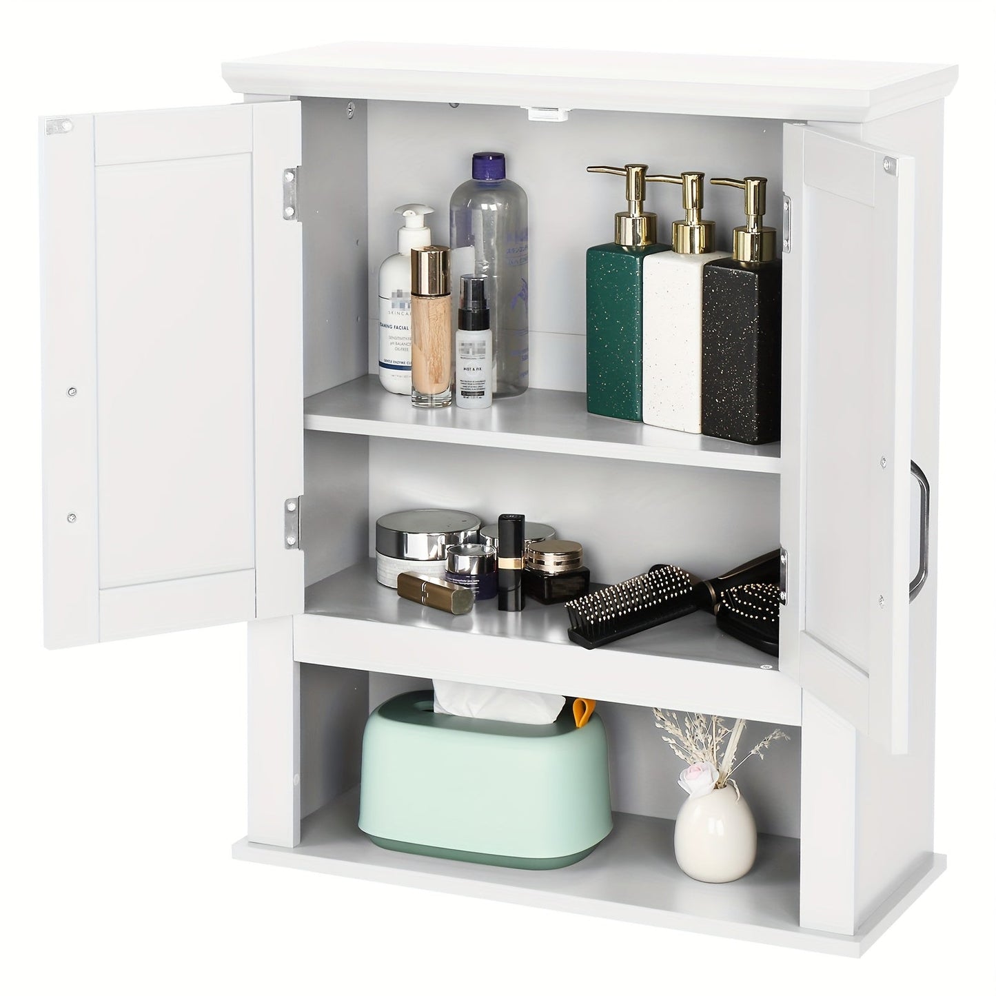 Over The Toilet Cabinet shown in the White, 8.5"D x 21"W x 25.2"H option