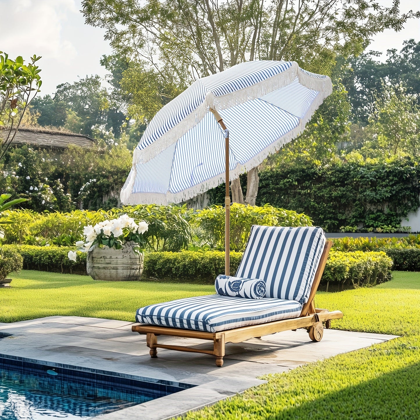 Patio Umbrella shown in the Blue Pinstripe option
