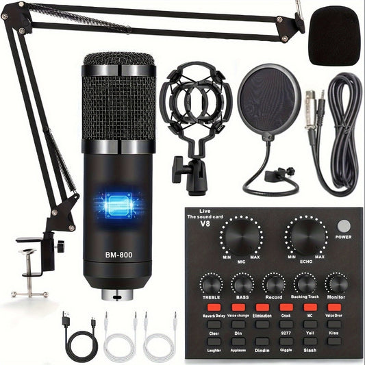 Podcast Equipment Set, Wired Microphone, BM800 Podcast Condenser Microphone And V8 Sound Card, Voice Changer-audio Interface - Suitable for Recording, Singing, Streaming Media And Games. product image