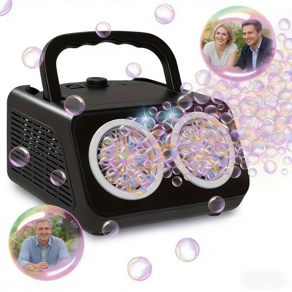 Portable Dual-Fan Bubble Machine with LED Lights and Carry Handle shown in the main product view